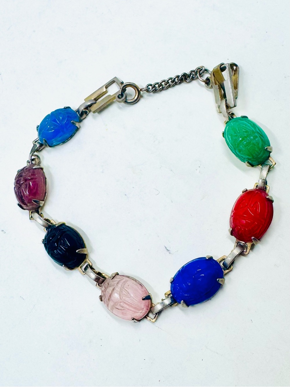 Vintage Scarab Link Bracelet Colorful Stones - Picture 1 of 5